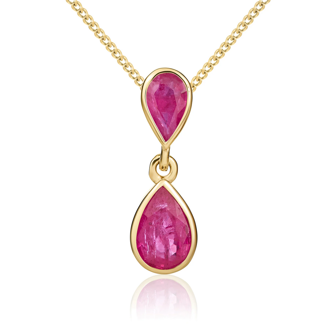 9CT Gold Pear Shaped Ruby Rubover Double Drop Pendant - Robert Anthony Jewellers, Edinburgh