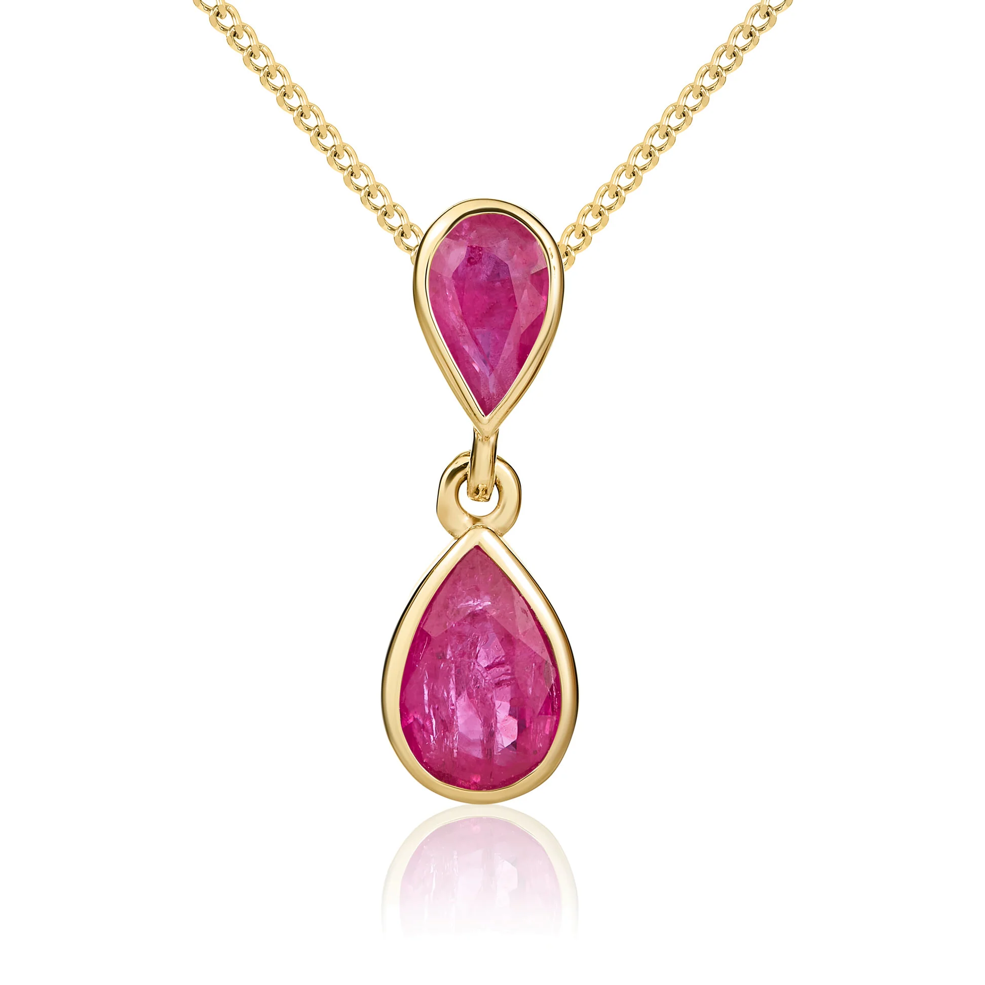 9CT Gold Pear Shaped Ruby Rubover Double Drop Pendant - Robert Anthony Jewellers, Edinburgh