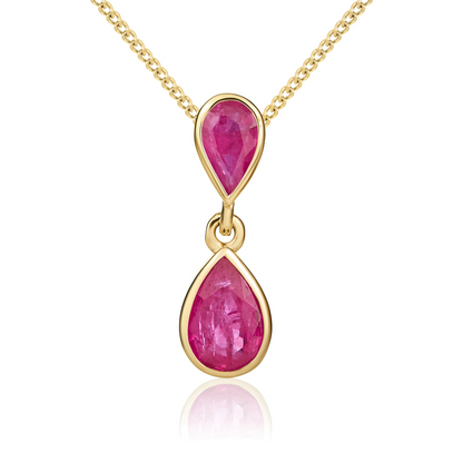 9CT Gold Pear Shaped Ruby Rubover Double Drop Pendant - Robert Anthony Jewellers, Edinburgh