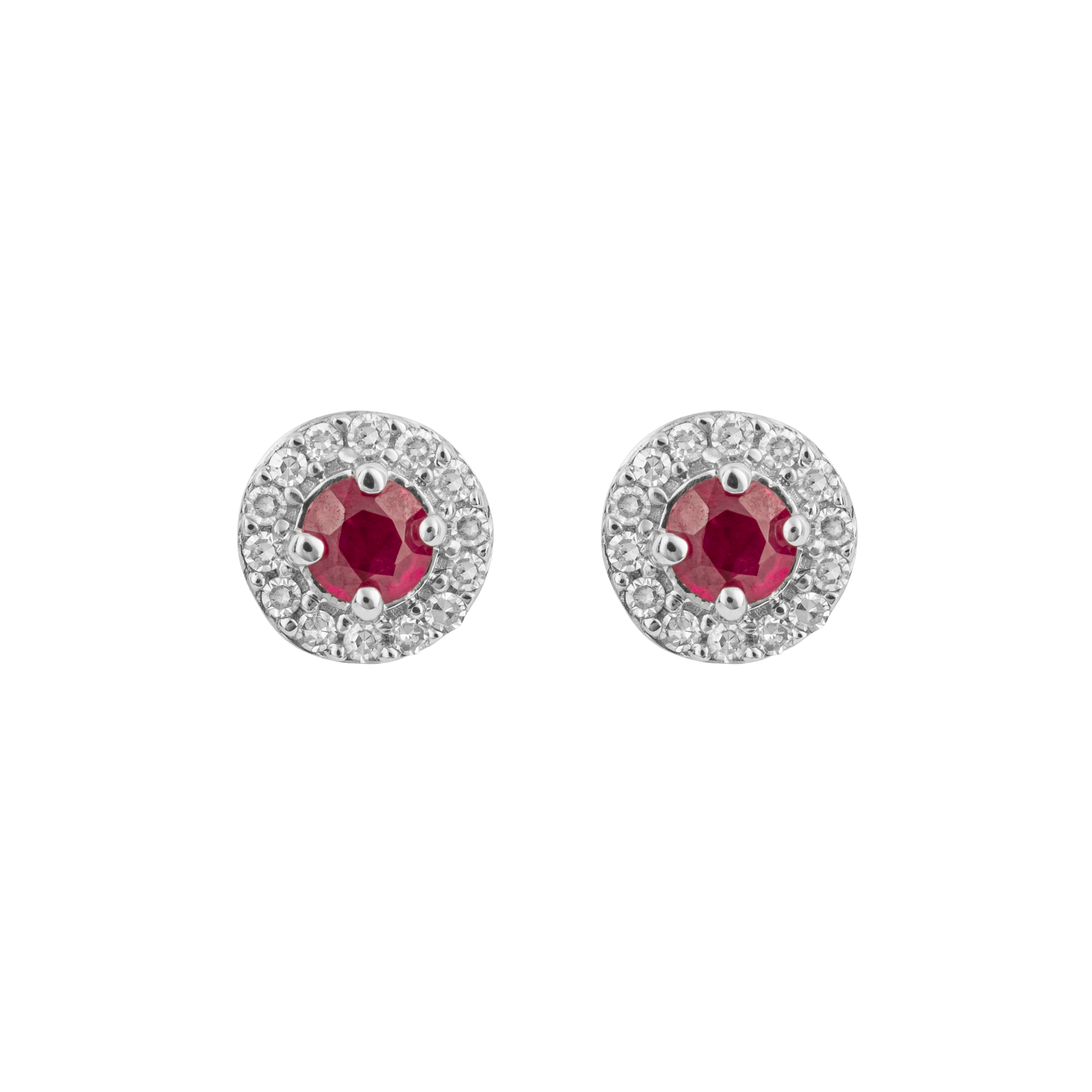 Round Ruby Stud Earrings with Diamond Surround in 9ct White Gold - Robert Anthony Jewellers, Edinburgh
