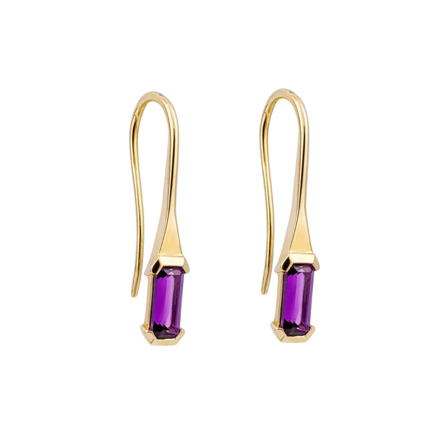 Elongated Purple Amethyst Hook Earrings in 9ct Yellow Gold - Robert Anthony Jewellers, Edinburgh
