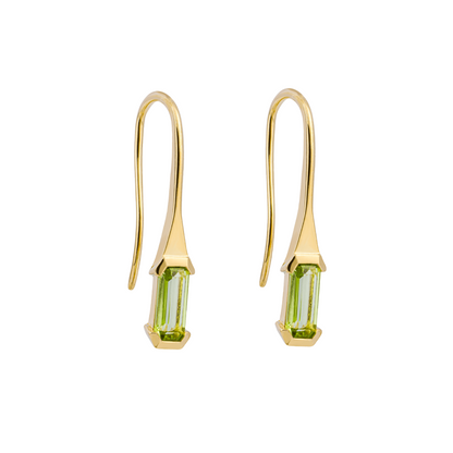 Elongated Green Peridot Hook Earrings in 9ct Yellow Gold - Robert Anthony Jewellers, Edinburgh