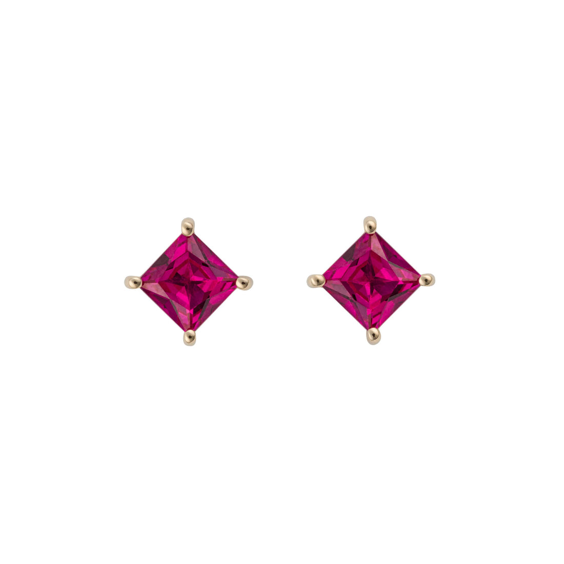 Princess Cut Stud Earrings with Lab Created Ruby in 9ct Yellow Gold - Robert Anthony Jewellers, Edinburgh