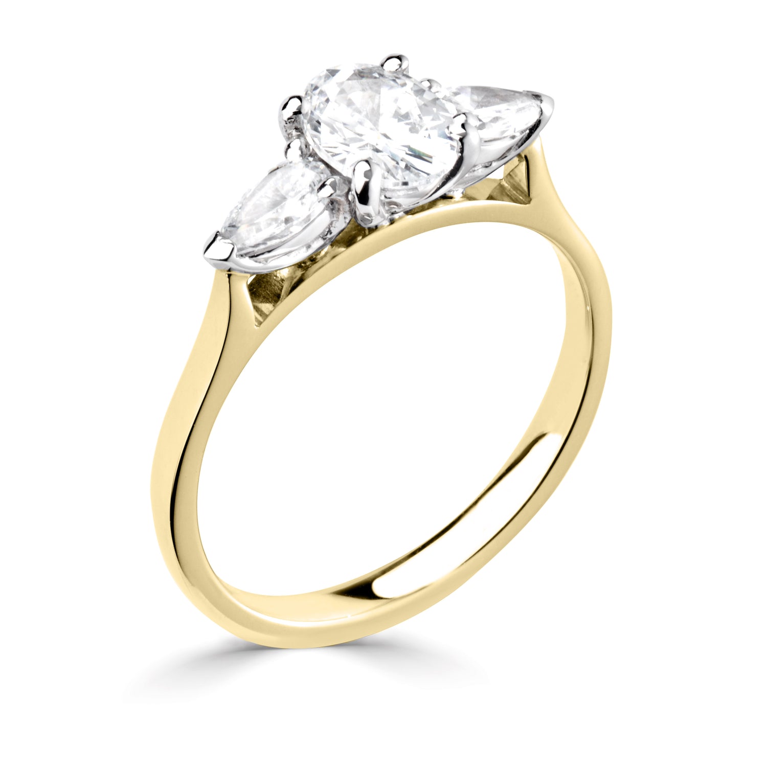 18CT Yellow Gold Three Stone Oval Diamond Pear Cut Side Diamond Ring