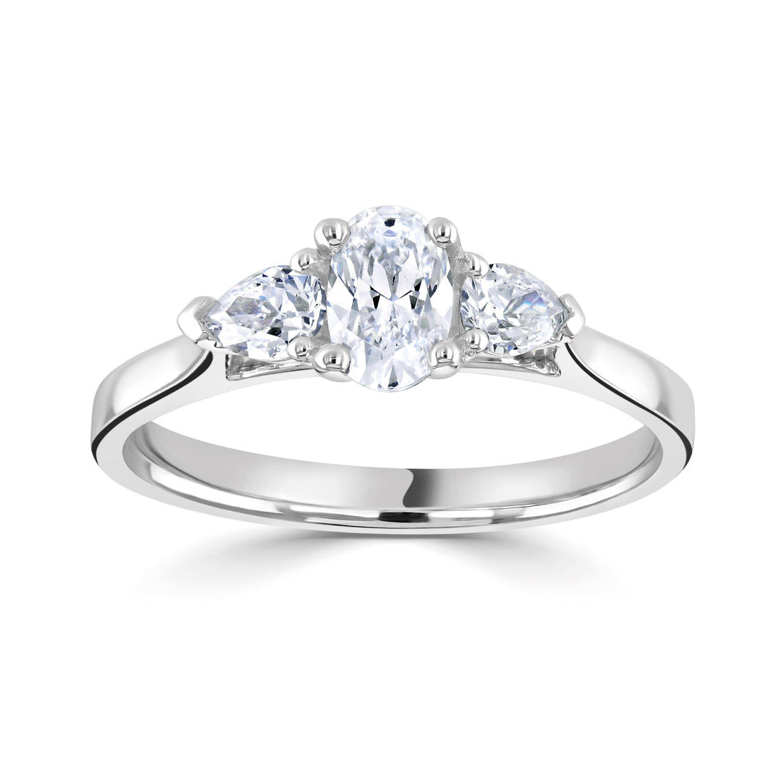 18CT White Gold Oval and Pear Diamond Three Stone Ring