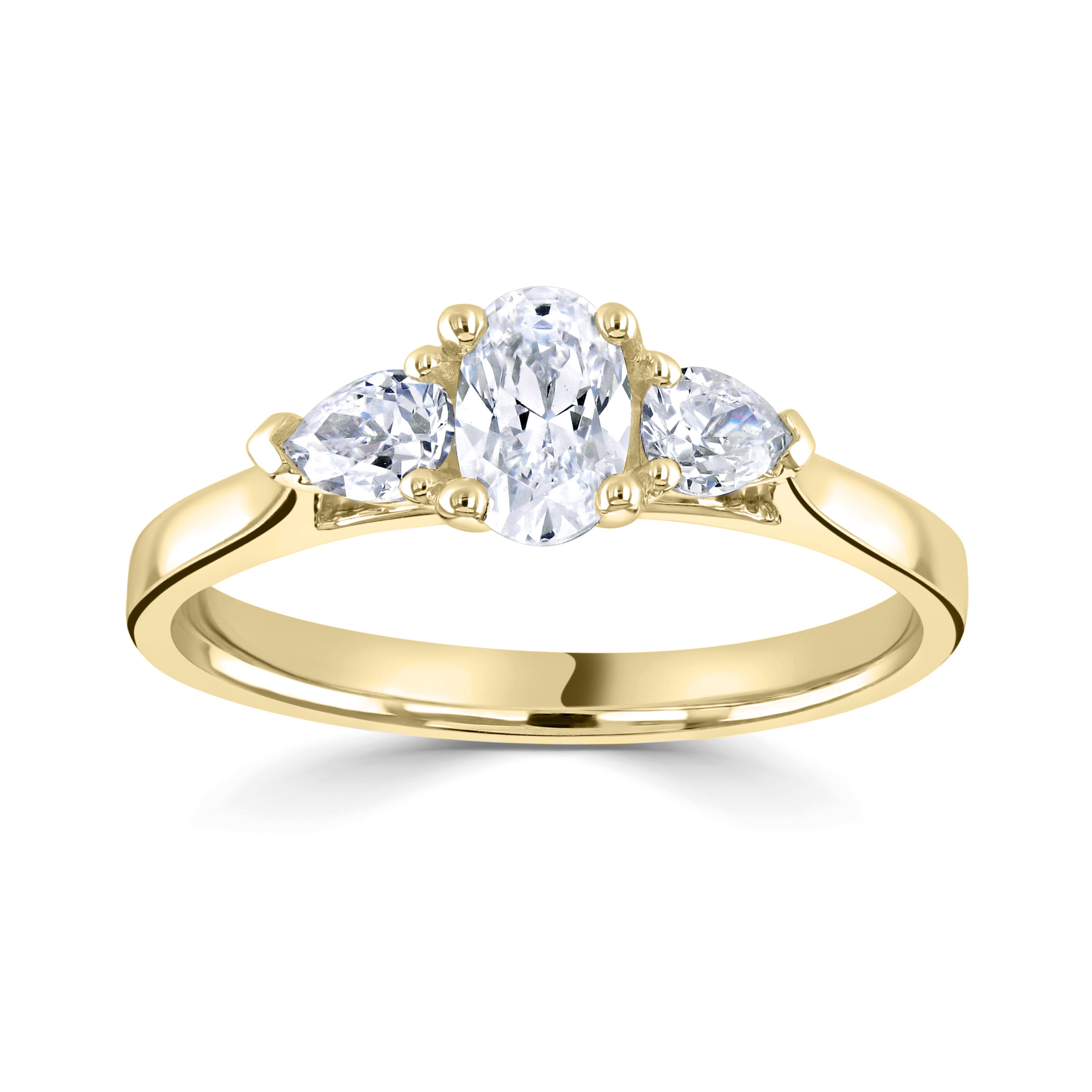 18CT Yellow Gold Oval Diamond Pear Side Three Stone Ring