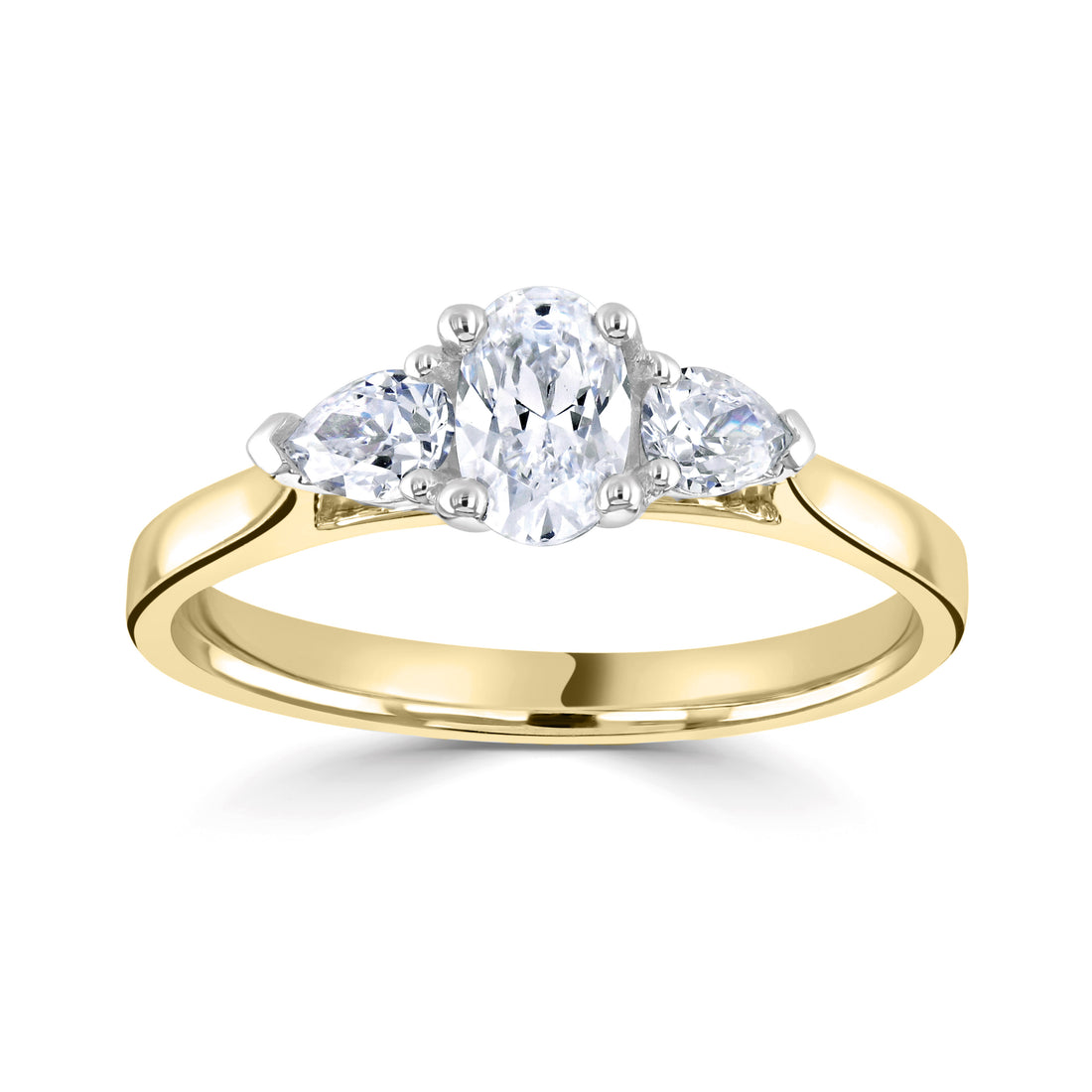 18CT Yellow Gold Three Stone Oval Diamond Pear Cut Side Diamond Ring - Robert Anthony Jewellers, Edinburgh