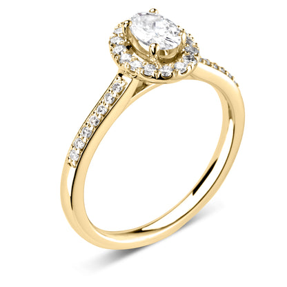 18CT Yellow Gold Oval Diamond Halo Ring with Diamond Shoulders