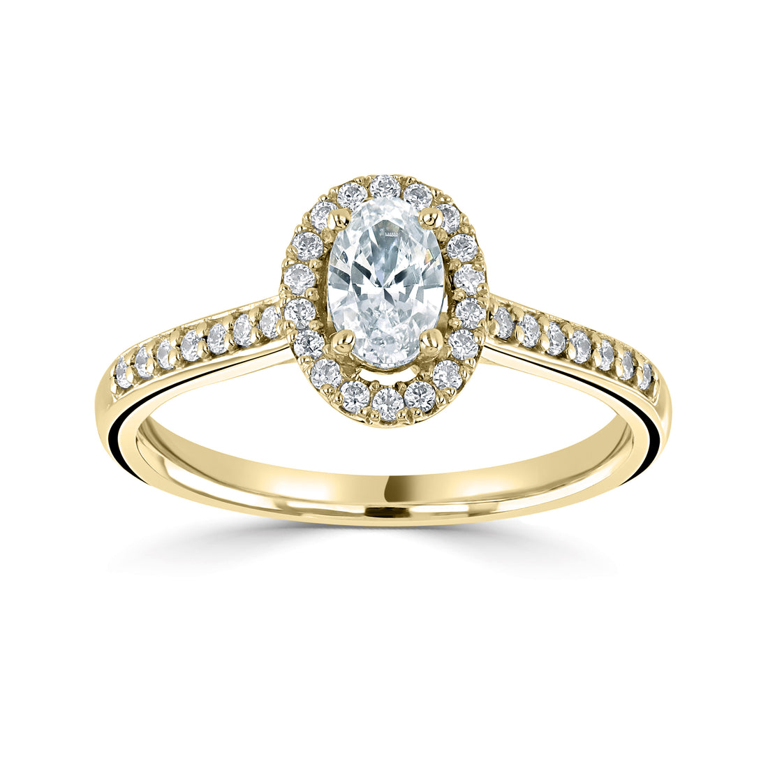 18CT Yellow Gold Oval Diamond Halo Ring with Diamond Shoulders - Robert Anthony Jewellers, Edinburgh