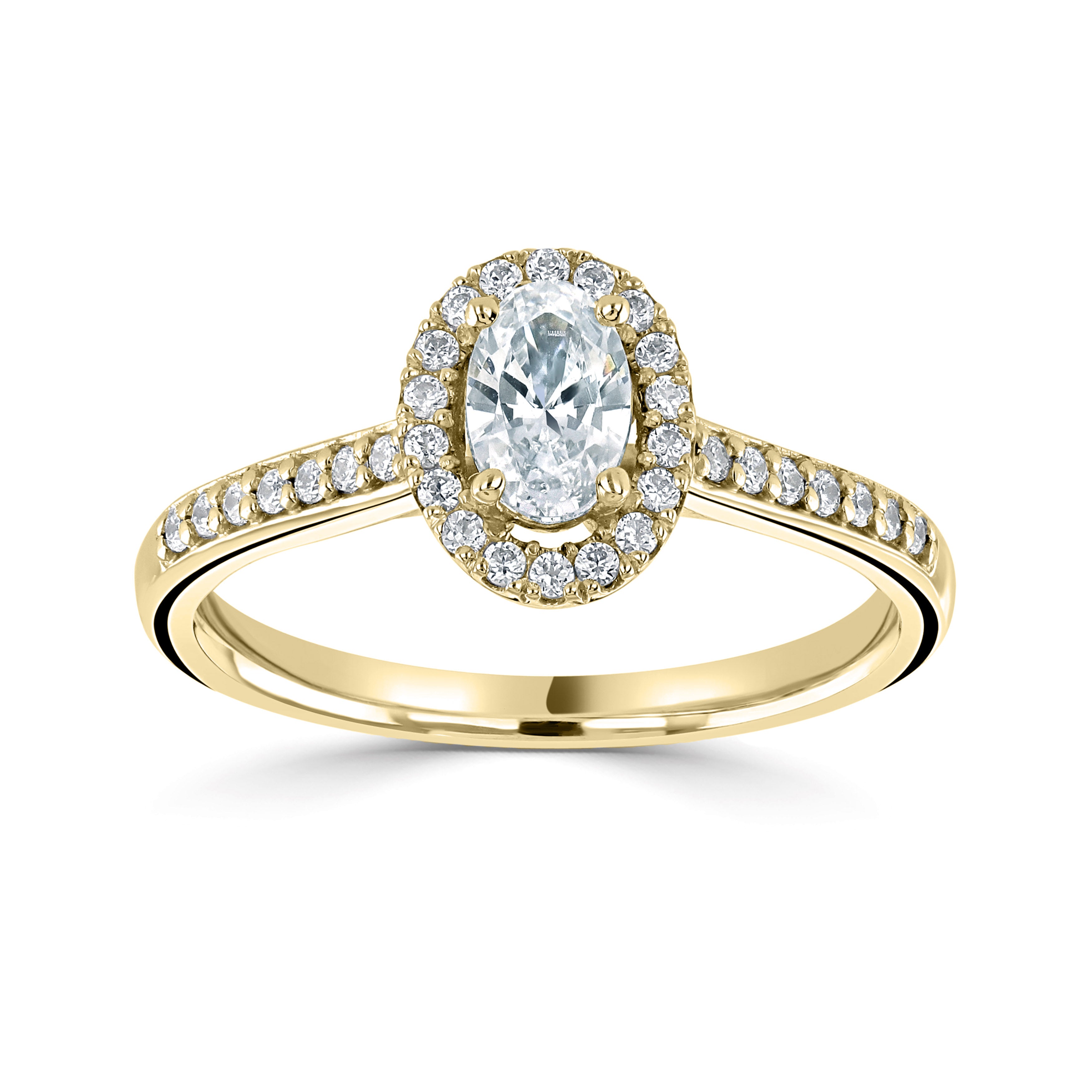 18CT Yellow Gold Oval Diamond Halo Ring with Diamond Shoulders - Robert Anthony Jewellers, Edinburgh
