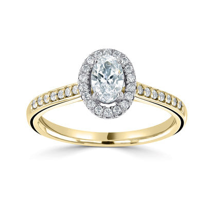 18CT Yellow and White Gold Oval Diamond Halo with Diamond Shoulders