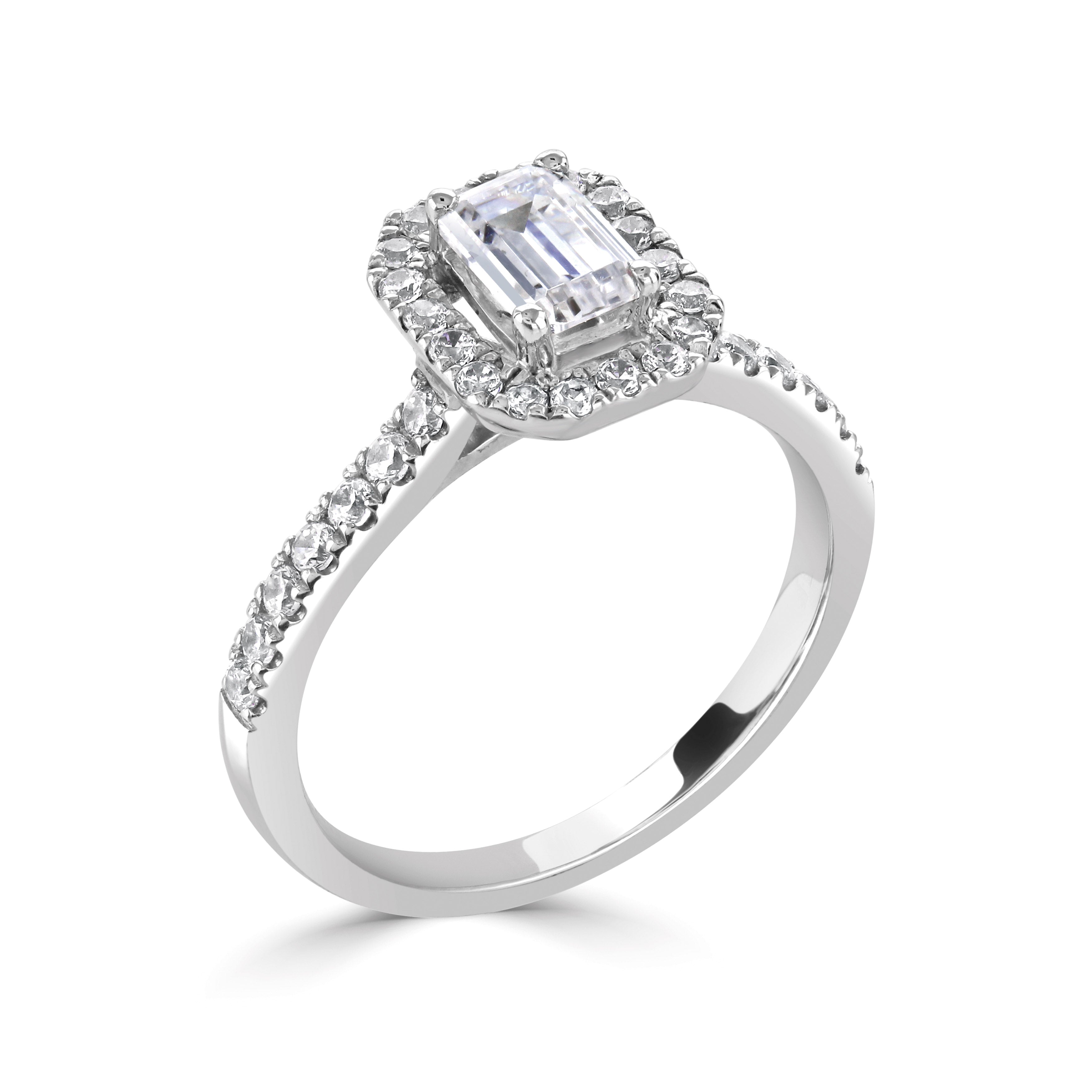 18CT White Gold Emerald Cut Diamond Halo Ring with Diamond Shoulders - Robert Anthony Jewellers, Edinburgh