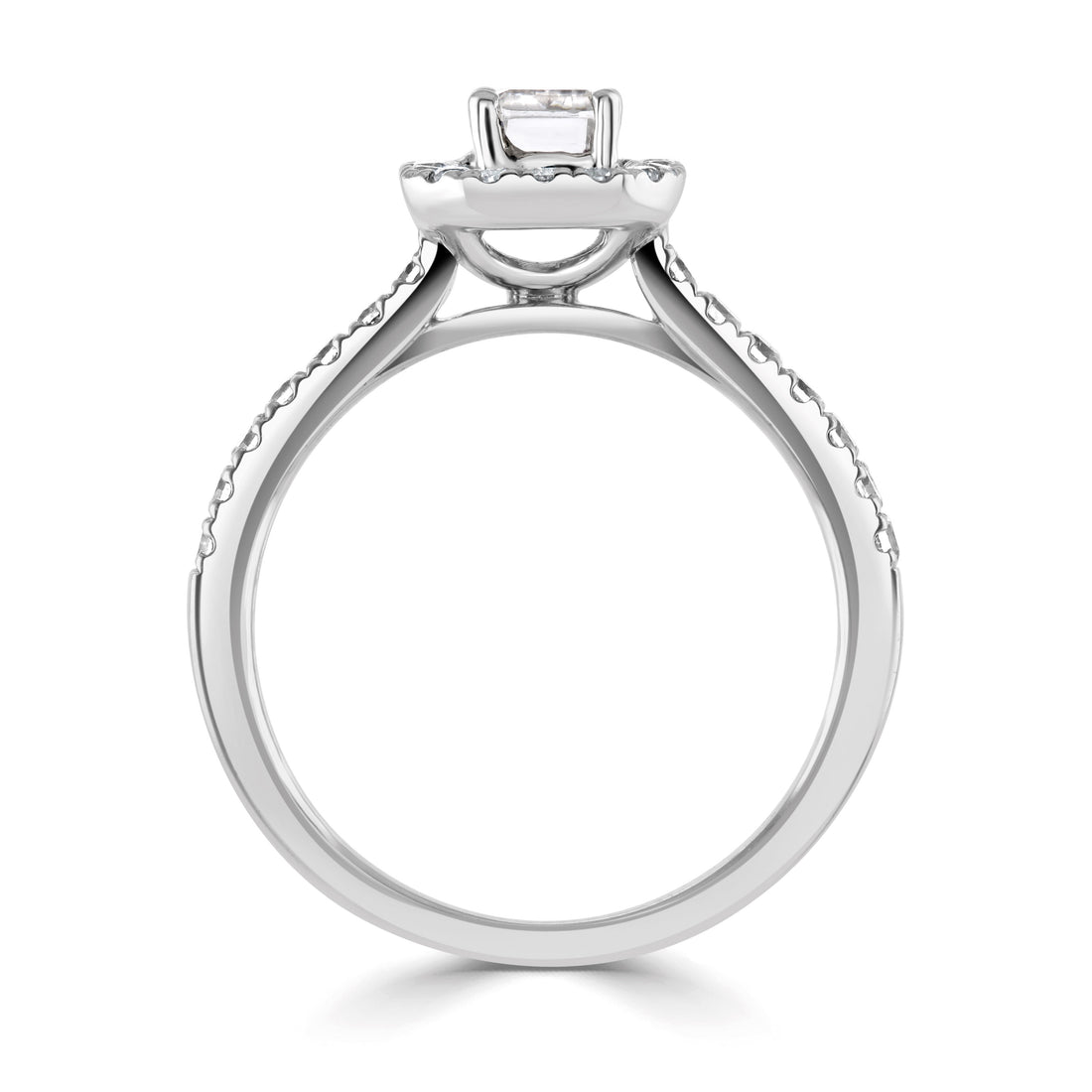 18CT White Gold Emerald Cut Diamond Halo Ring with Diamond Shoulders - Robert Anthony Jewellers, Edinburgh