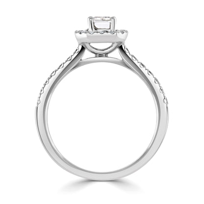 18CT White Gold Emerald Cut Diamond Halo Ring with Diamond Shoulders