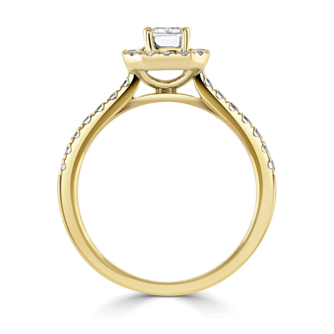 18CT Yellow Gold Emerald Cut Diamond Halo Ring with Diamond Shoulders - Robert Anthony Jewellers, Edinburgh