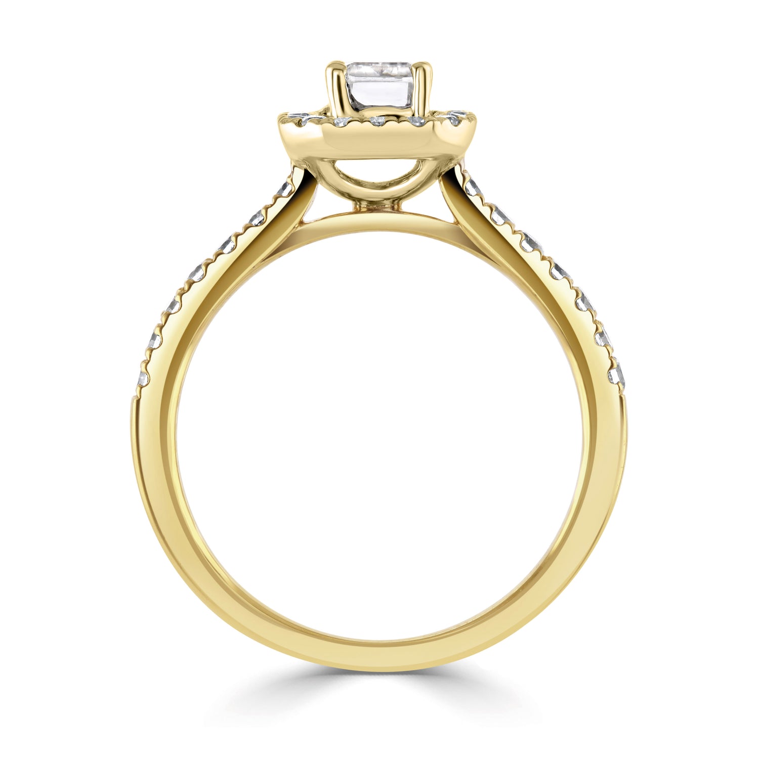 18CT Yellow Gold Emerald Cut Diamond Halo Ring with Diamond Shoulders - Robert Anthony Jewellers, Edinburgh
