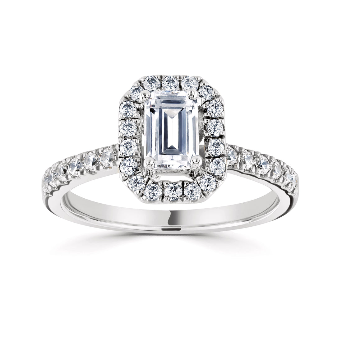 18CT White Gold Emerald Cut Diamond Halo Ring with Diamond Shoulders