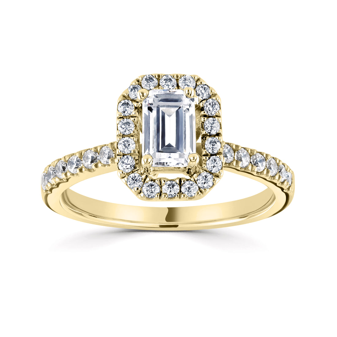 18CT Yellow Gold Emerald Cut Diamond Halo Ring with Diamond Shoulders