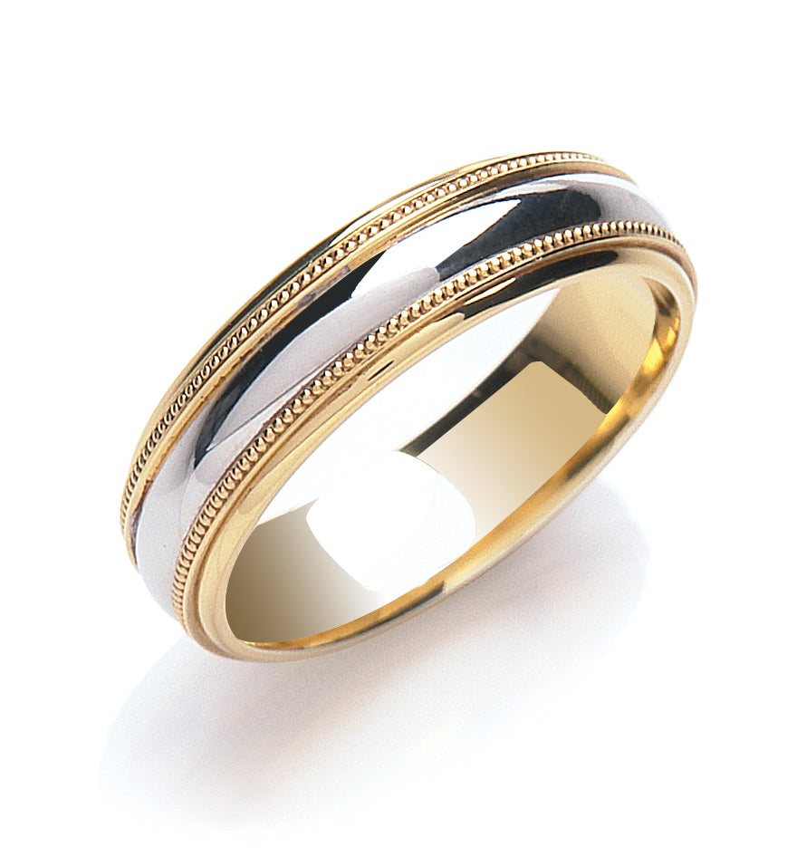 6mm 9CT Two Colour Gold Milgrain Edges Wedding Band - Robert Anthony Jewellers, Edinburgh