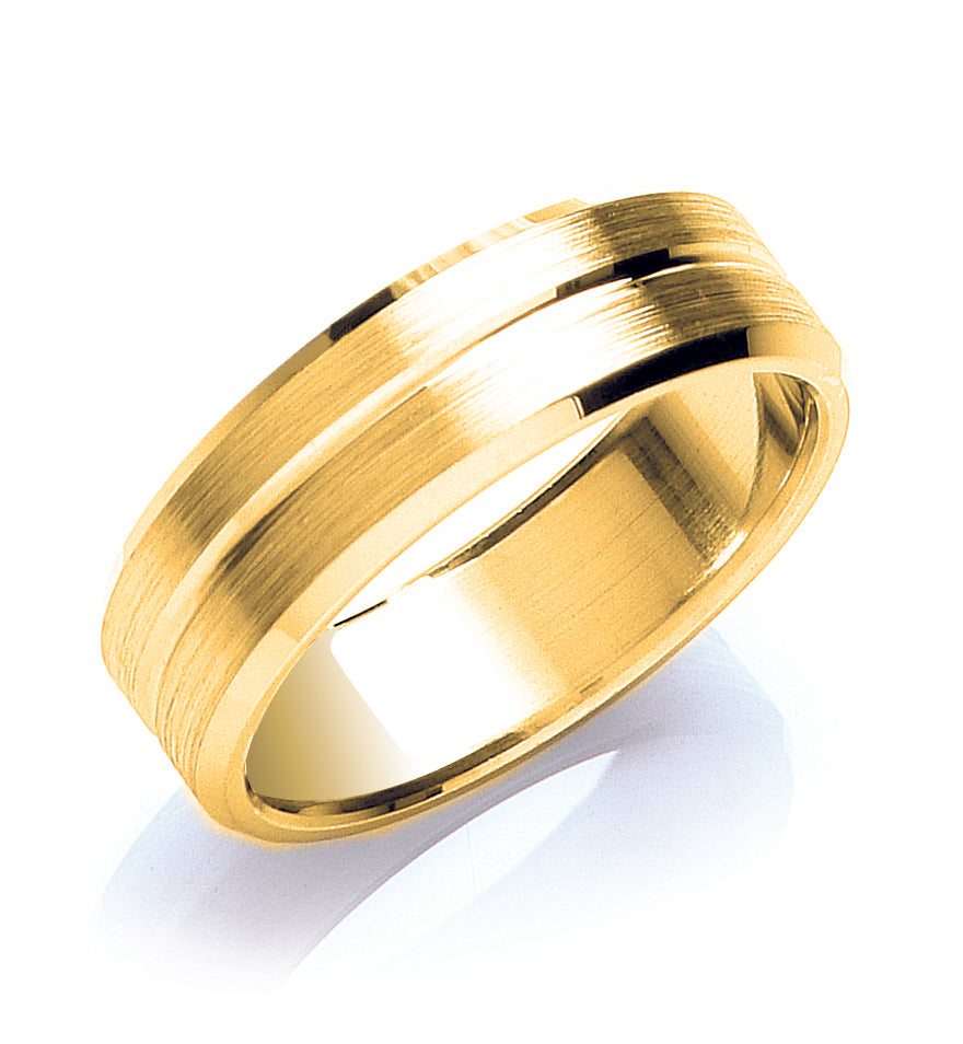 7mm 9CT Gold Grooved, Bevelled Edge Wedding Band