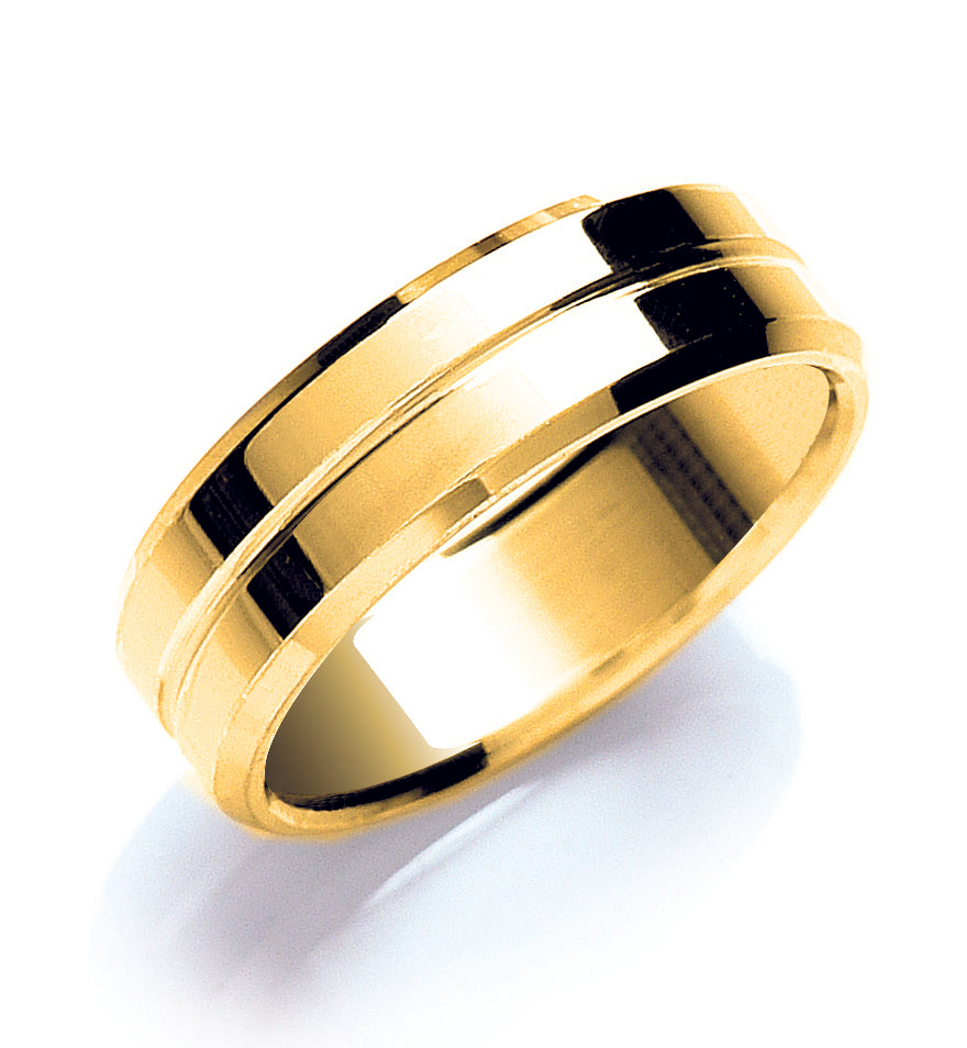 7mm 9CT Gold Grooved, Bevelled Edge Wedding Band