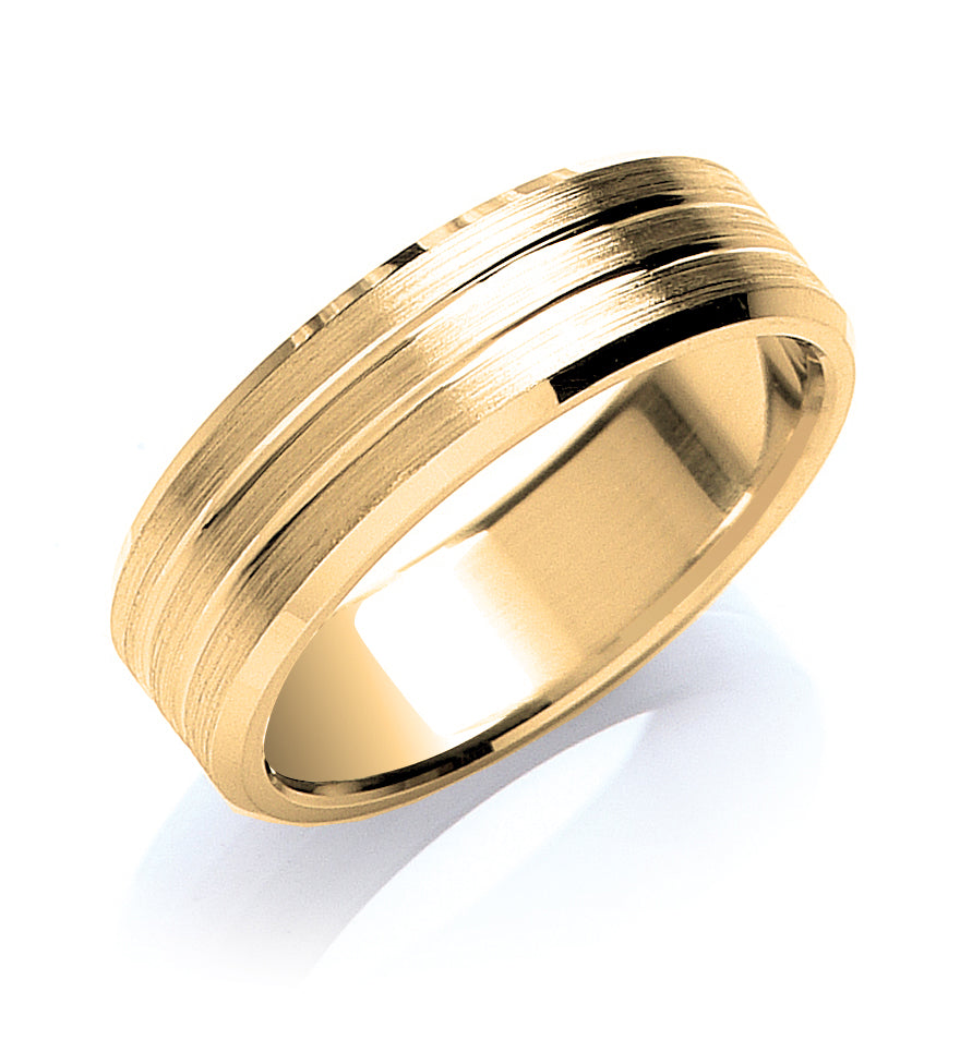 7mm 9CT Gold Double Grooved, Bevelled Edge Wedding Band