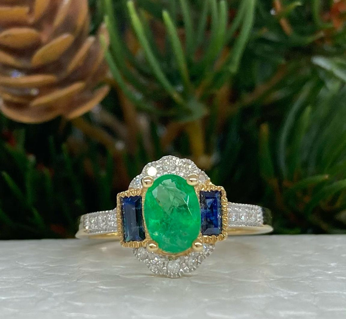 9CT Yellow Gold Gatsby Emerald, Sapphire And Diamond Ring