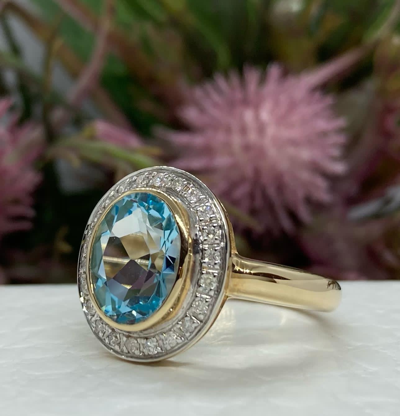 Art Deco Blue Topaz, Diamond And Gold Ring