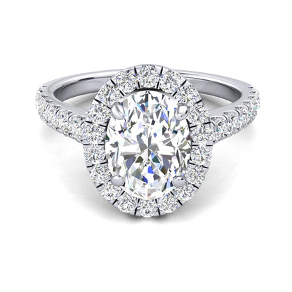 18CT Gold Oval Diamond Halo Ring with Diamond Set Shoulders