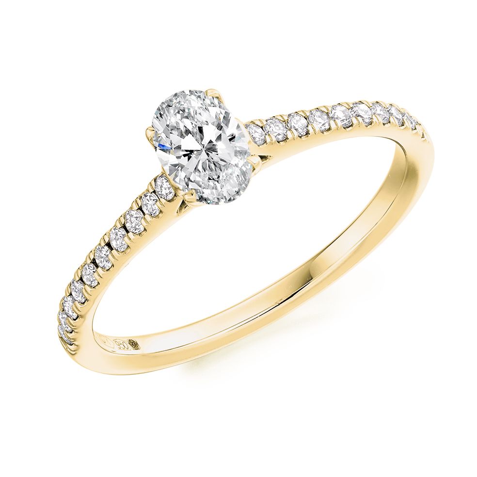 18CT Gold Oval Diamond Ring with Diamond Set Shoulders